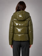 Women's Glossy Puffer Jacket – Cropped Hooded - Green
