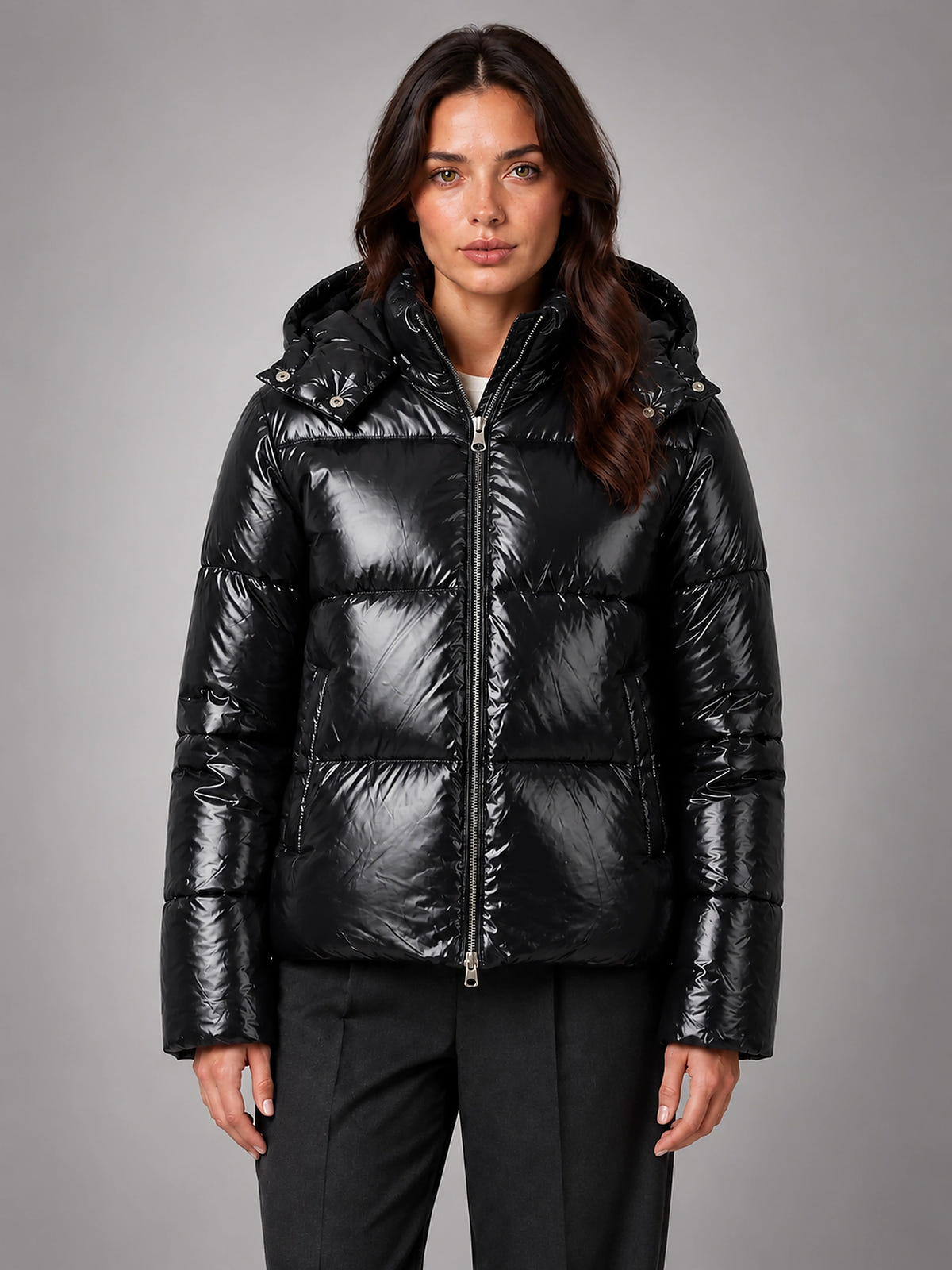 Women's Glossy Puffer Jacket – Cropped Hooded - Black
