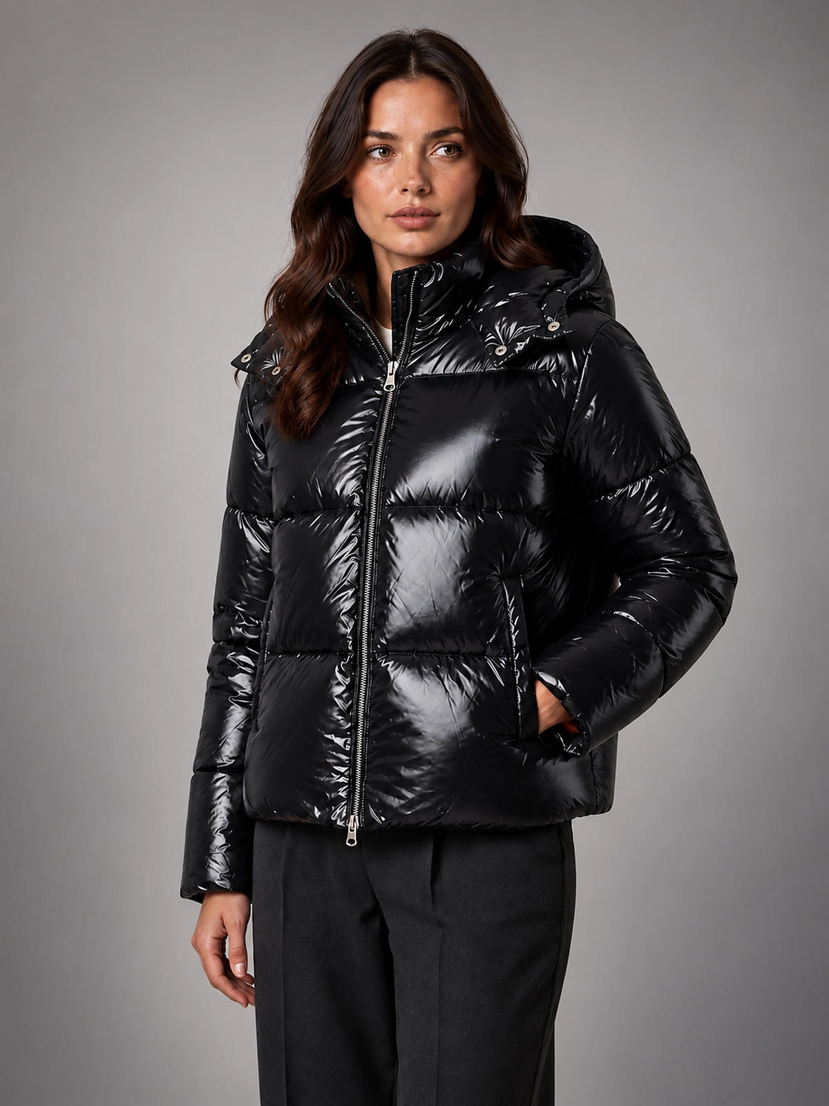 Women's Glossy Puffer Jacket – Cropped Hooded - Black
