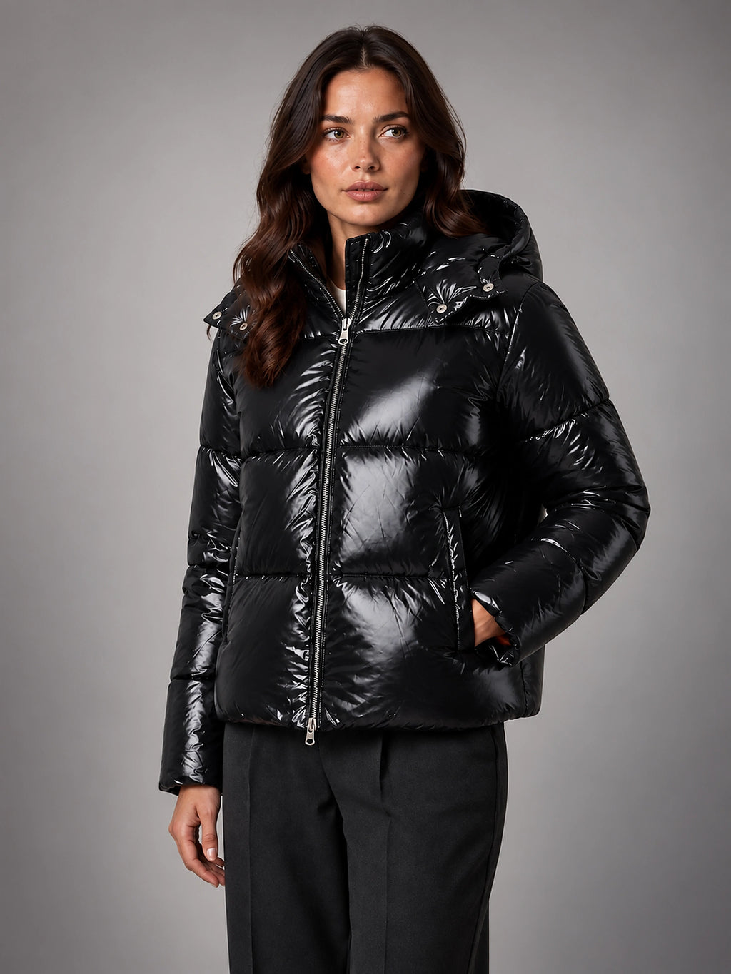 Women's Glossy Puffer Jacket – Cropped Hooded - Black