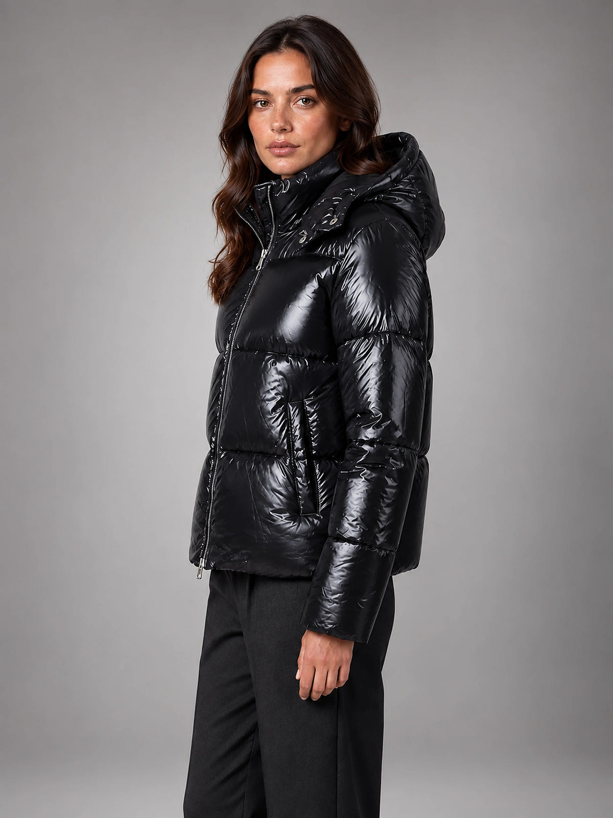 Women's Glossy Puffer Jacket – Cropped Hooded - Black