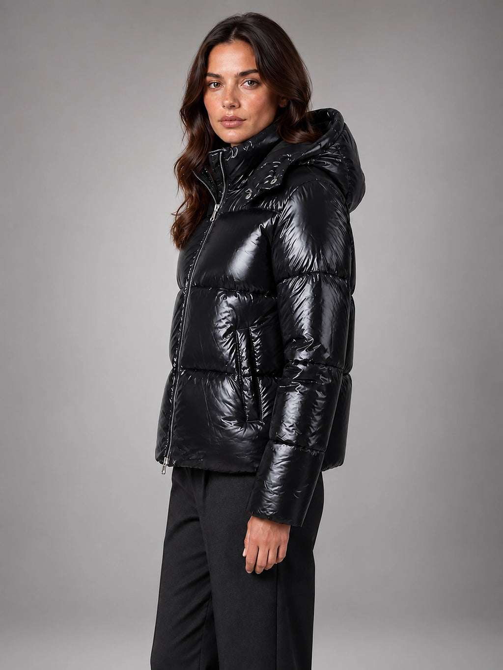 Women's Glossy Puffer Jacket – Cropped Hooded - Black