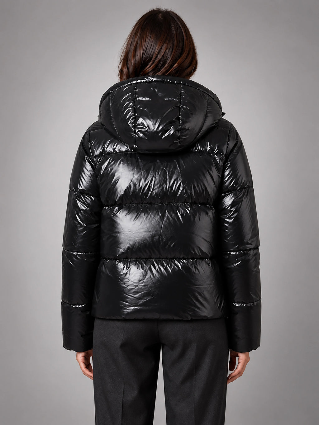 Women's Glossy Puffer Jacket – Cropped Hooded - Black