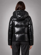 Women's Glossy Puffer Jacket – Cropped Hooded - Black