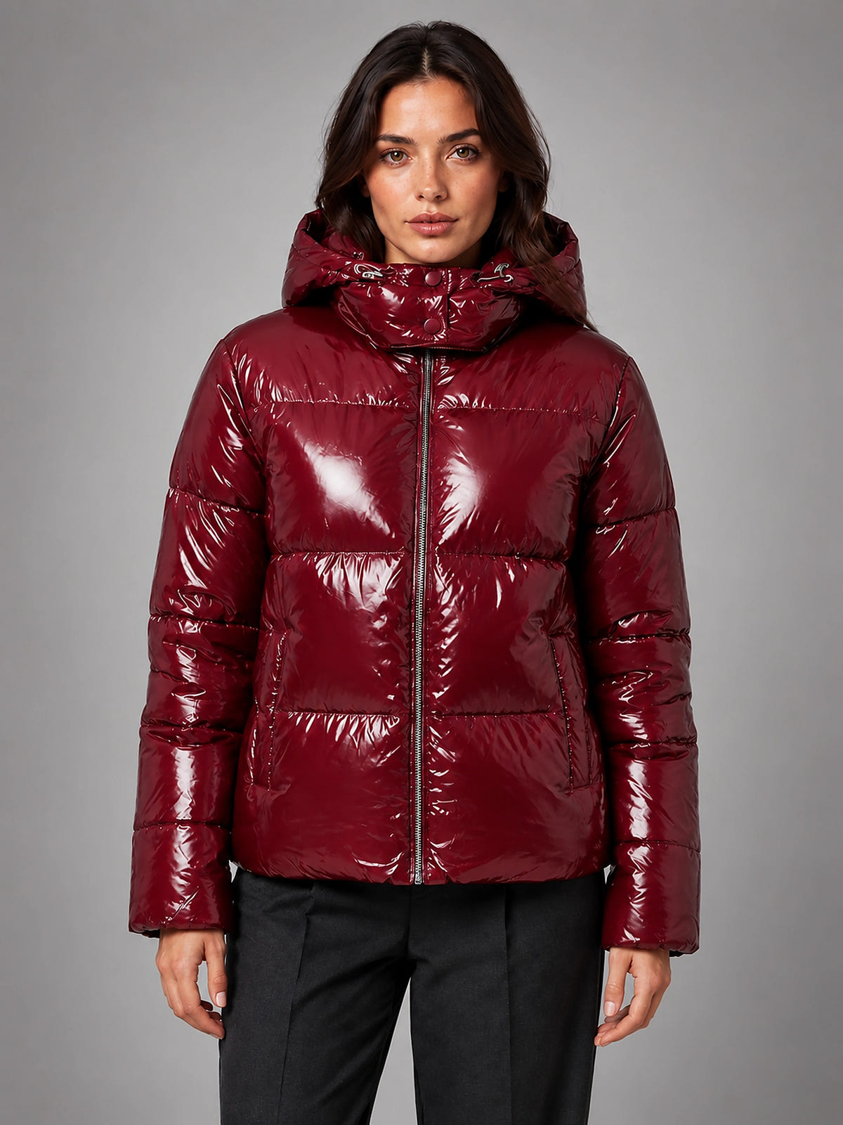 Women's Glossy Puffer Jacket – Cropped Hooded - Red