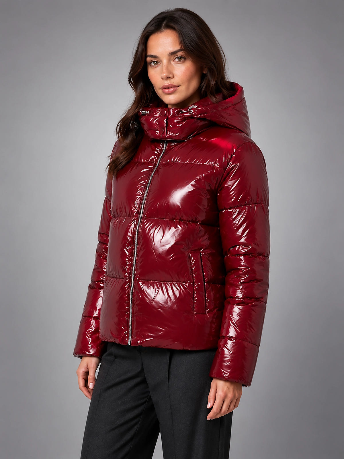 Women's Glossy Puffer Jacket – Cropped Hooded - Red