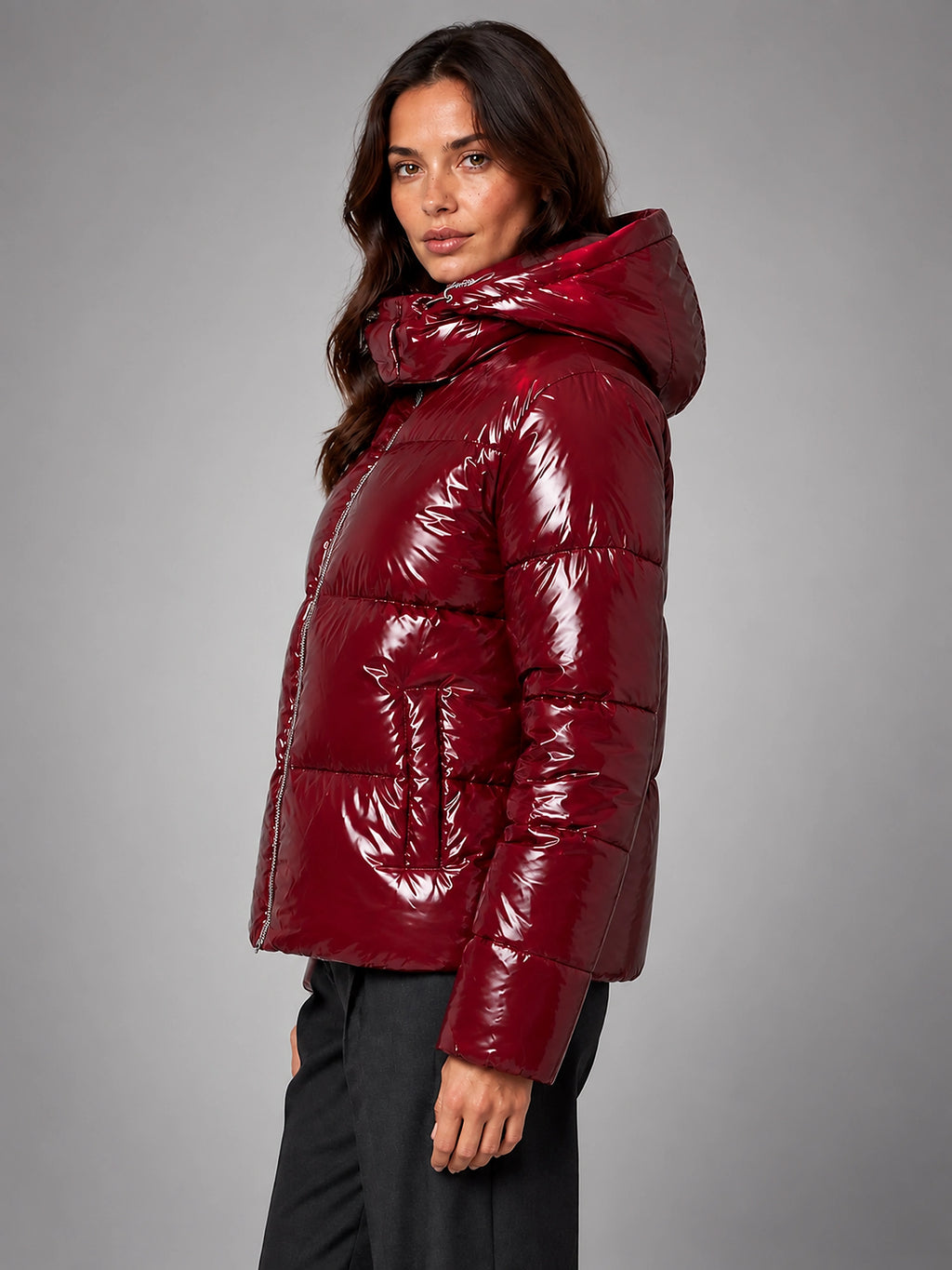 Women's Glossy Puffer Jacket – Cropped Hooded - Red
