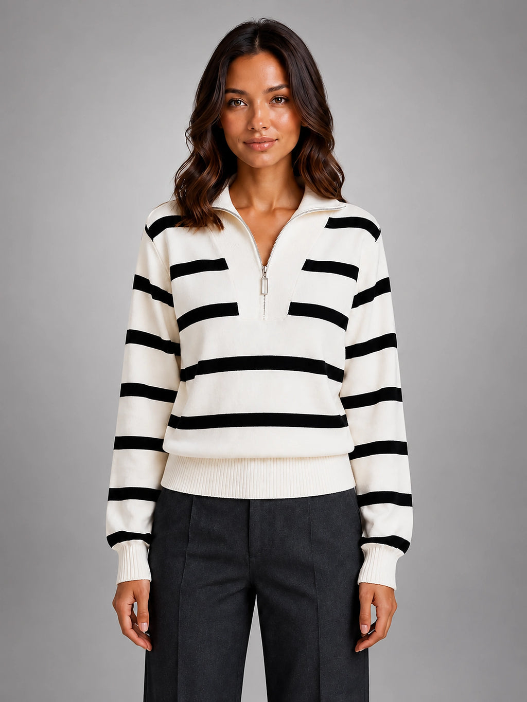 Women's Striped Half Zip Sweater – Relaxed Collar - Cream