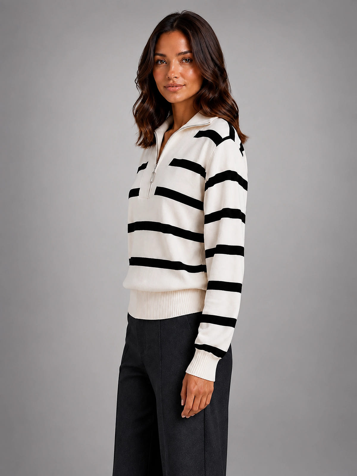 Women's Striped Half Zip Sweater – Relaxed Collar - Cream