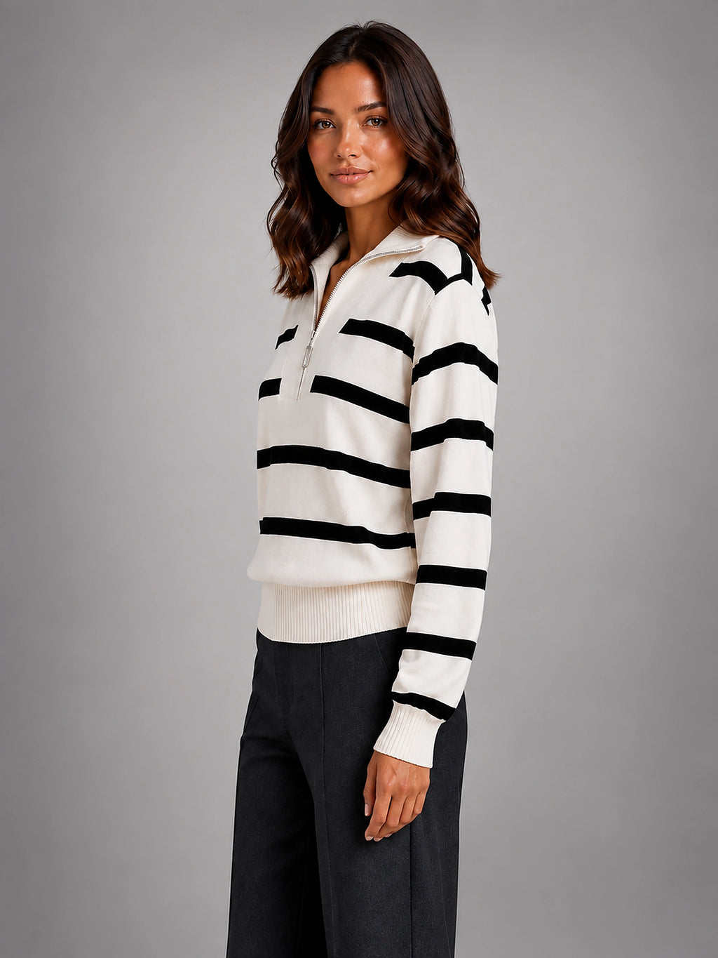 Women's Striped Half Zip Sweater – Relaxed Collar - Cream