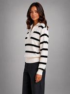 Women's Striped Half Zip Sweater – Relaxed Collar - Cream