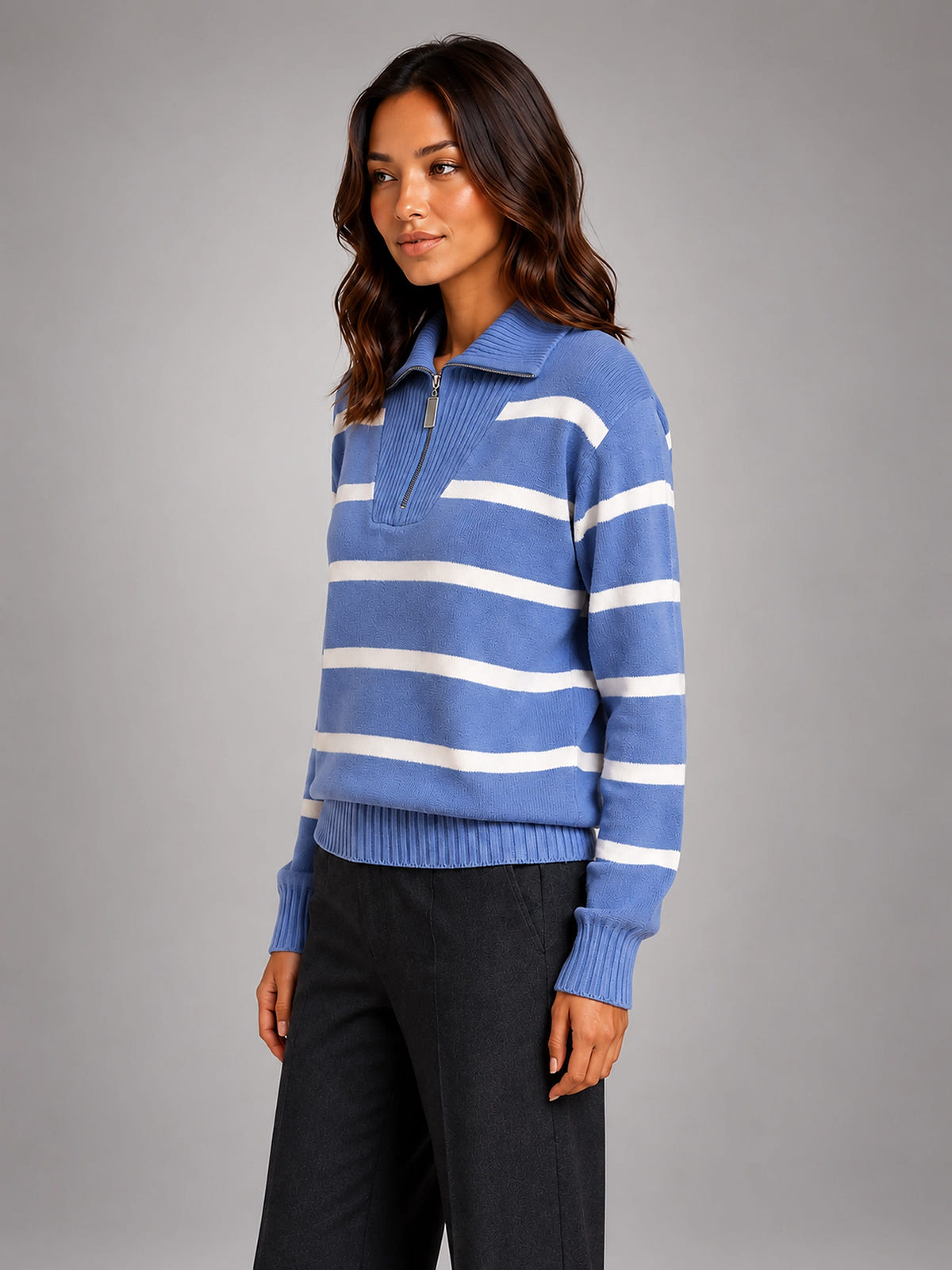 Women's Striped Half Zip Sweater – Relaxed Collar - Blue