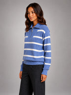 Women's Striped Half Zip Sweater – Relaxed Collar - Blue