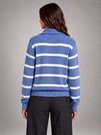 Women's Striped Half Zip Sweater – Relaxed Collar - Blue