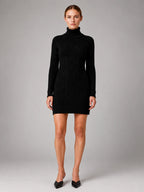 Women's Cable Knit Mini Dress – Turtleneck Long Sleeve - Black