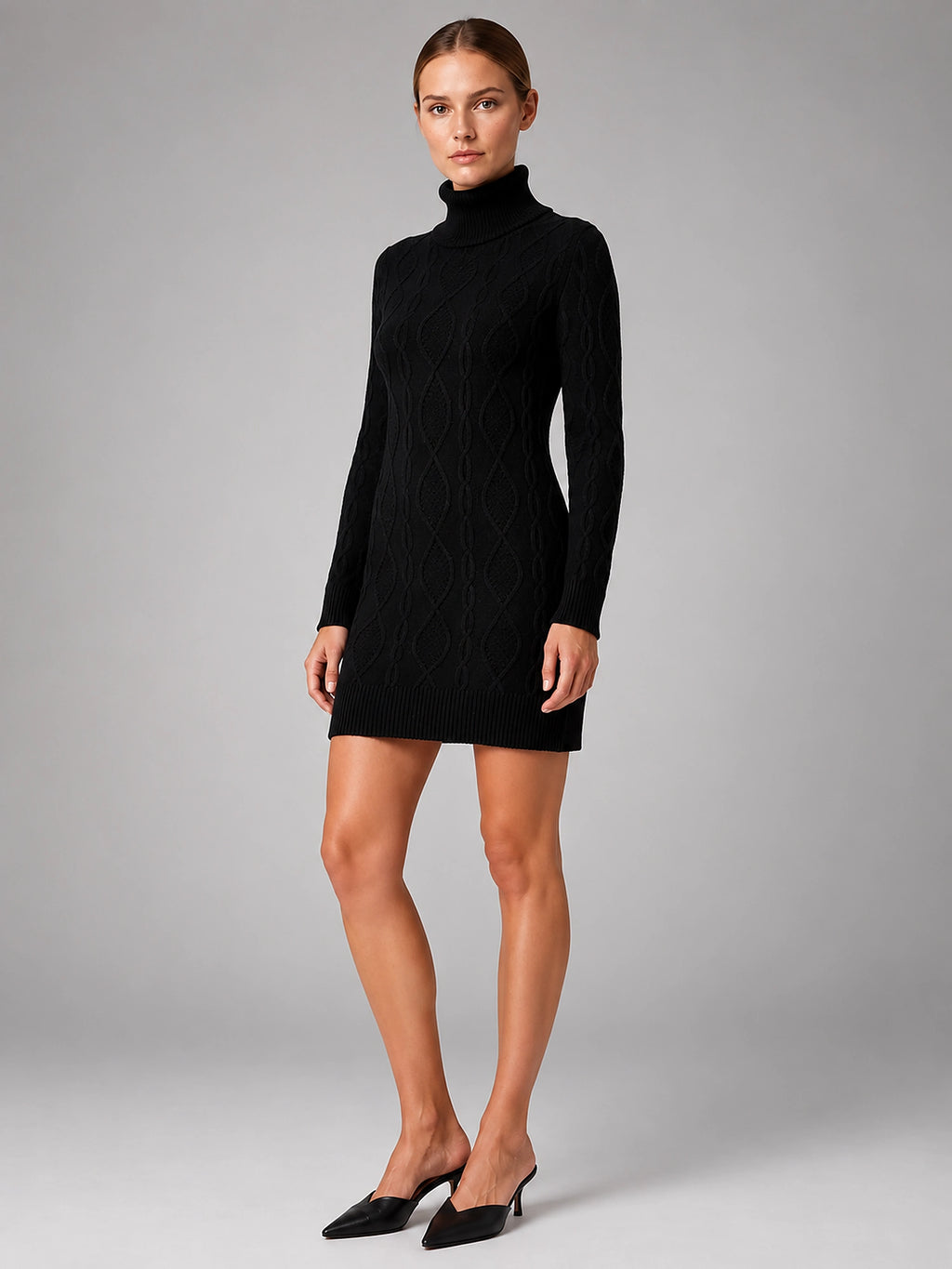 Women's Cable Knit Mini Dress – Turtleneck Long Sleeve - Black