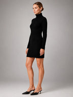 Women's Cable Knit Mini Dress – Turtleneck Long Sleeve - Black