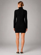 Women's Cable Knit Mini Dress – Turtleneck Long Sleeve - Black