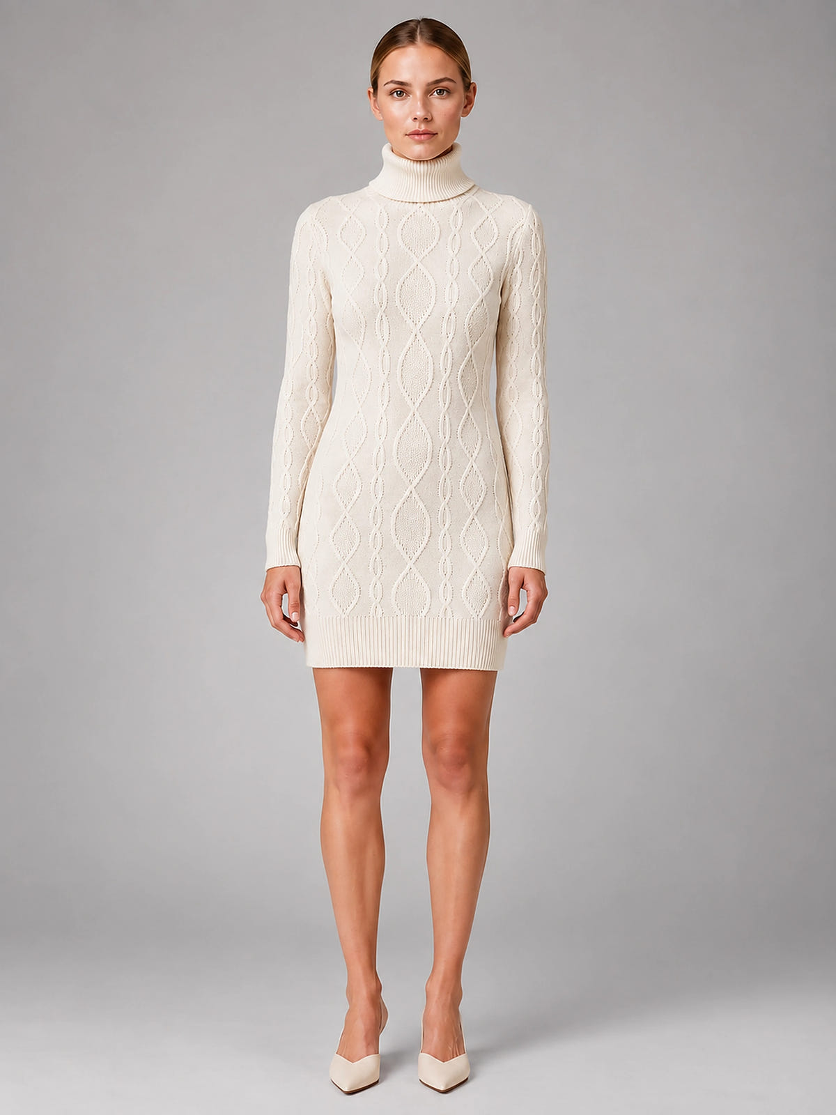 Women's Cable Knit Mini Dress – Turtleneck Long Sleeve - Cream