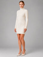 Women's Cable Knit Mini Dress – Turtleneck Long Sleeve - Cream