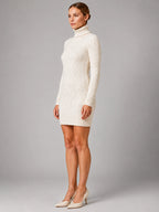 Women's Cable Knit Mini Dress – Turtleneck Long Sleeve - Cream