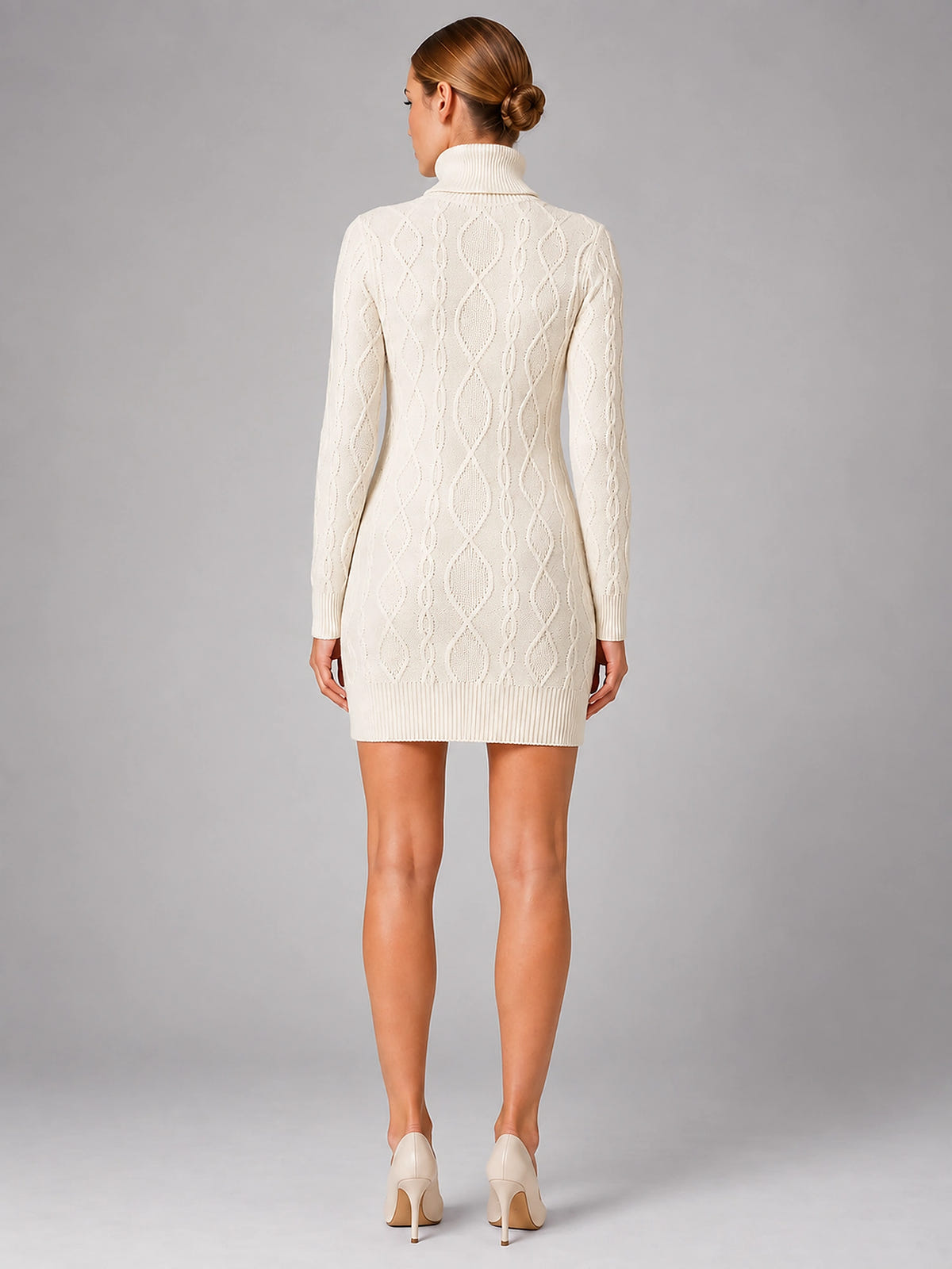Women's Cable Knit Mini Dress – Turtleneck Long Sleeve - Cream