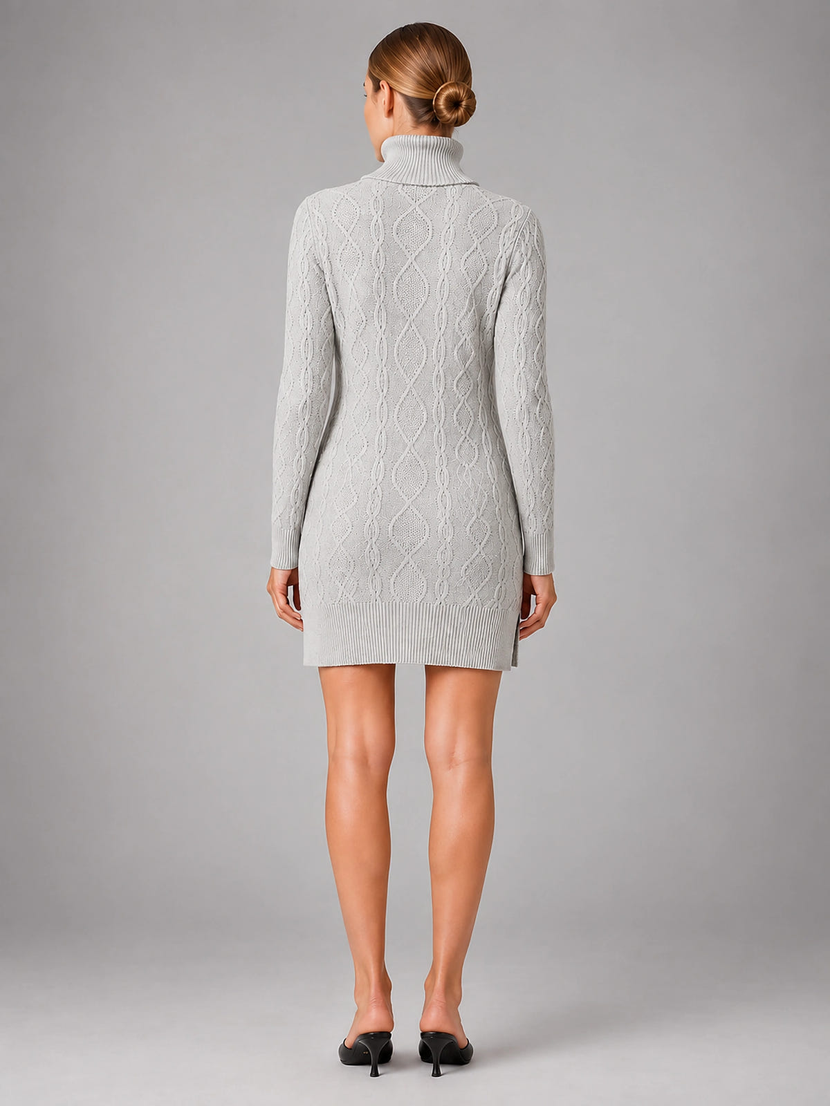 Women's Cable Knit Mini Dress – Turtleneck Long Sleeve - Gray