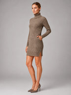 Women's Cable Knit Mini Dress – Turtleneck Long Sleeve - Khaki