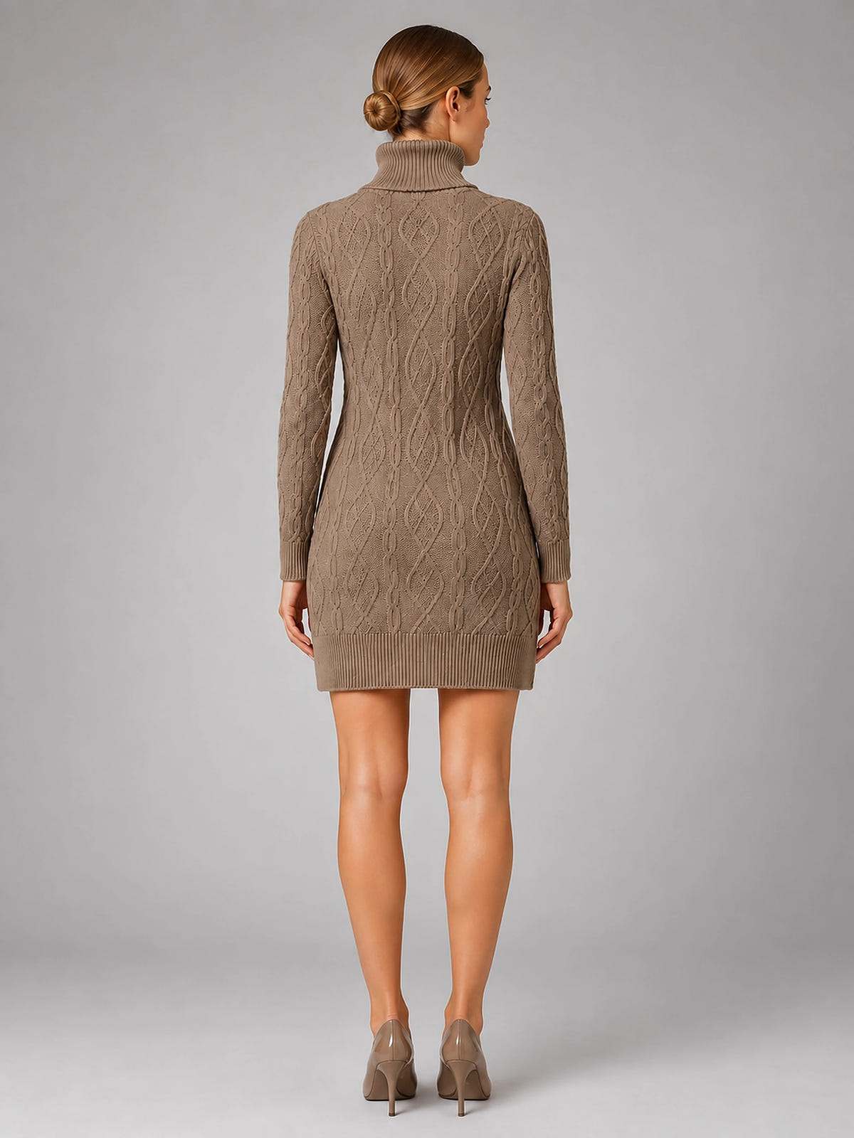 Women's Cable Knit Mini Dress – Turtleneck Long Sleeve - Khaki