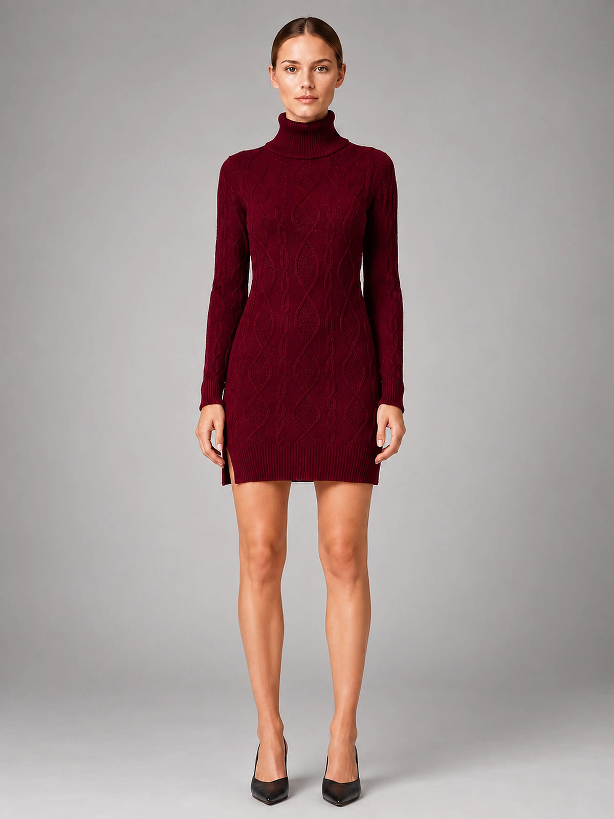 Women's Cable Knit Mini Dress – Turtleneck Long Sleeve - Red
