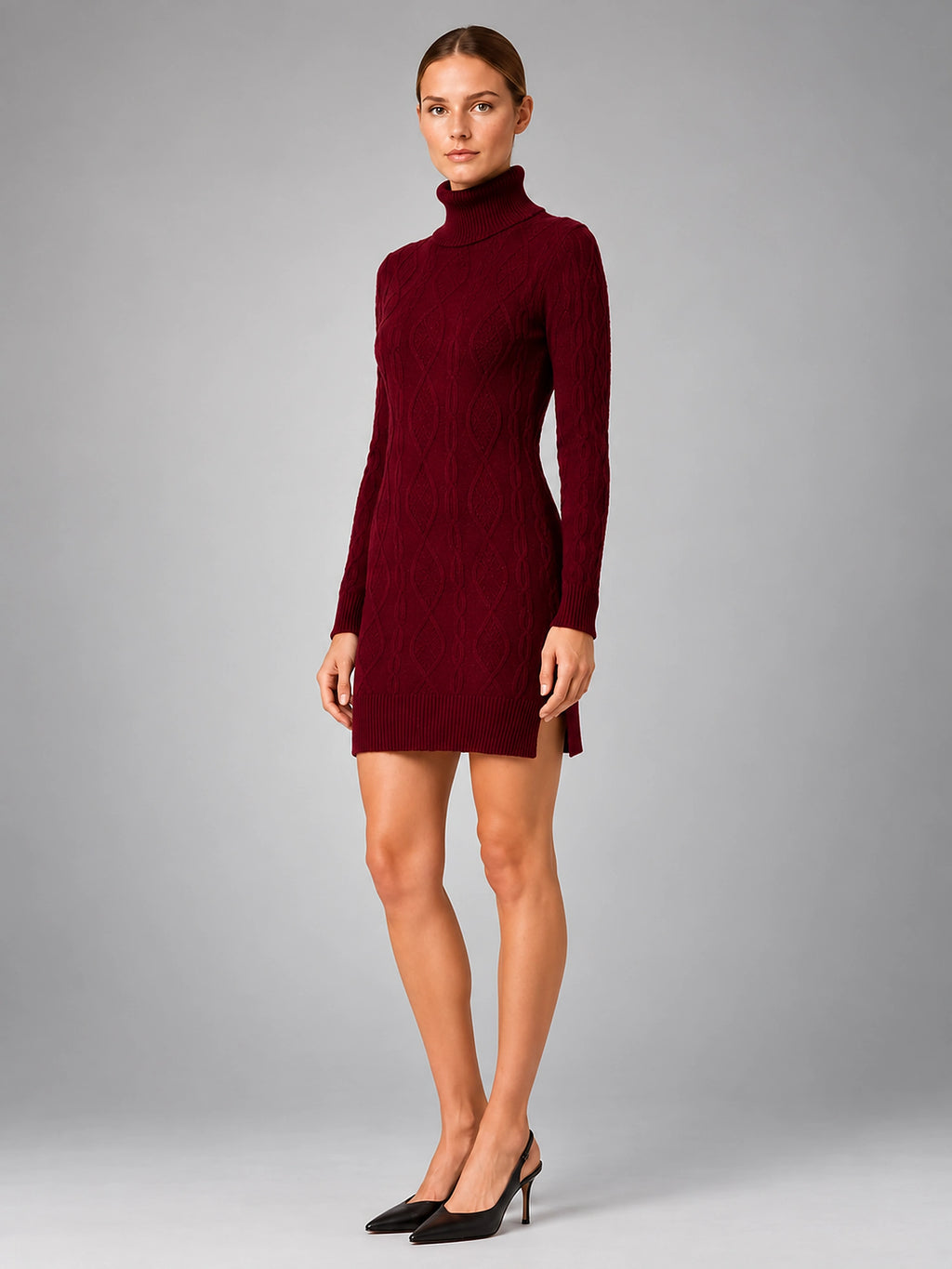 Women's Cable Knit Mini Dress – Turtleneck Long Sleeve - Red