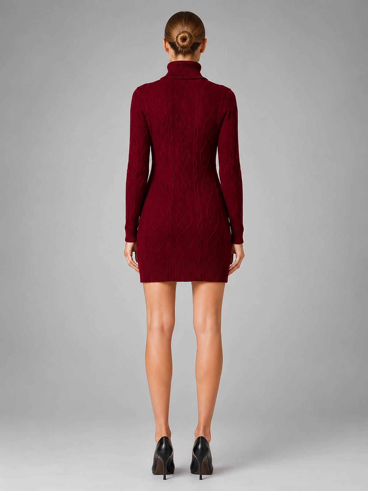 Women's Cable Knit Mini Dress – Turtleneck Long Sleeve - Red