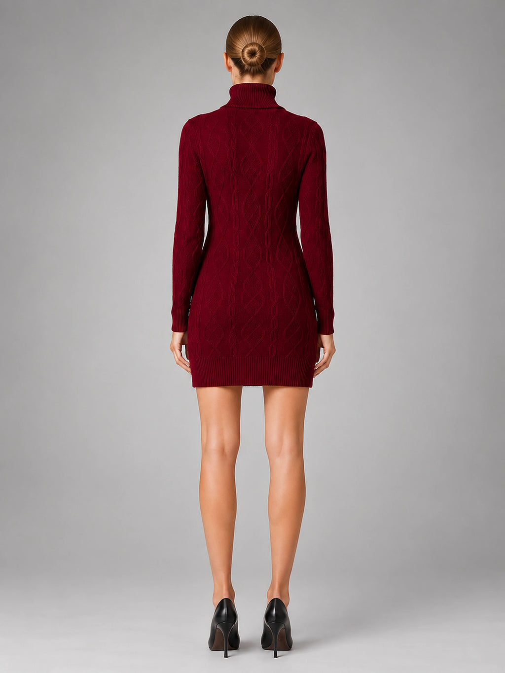 Women's Cable Knit Mini Dress – Turtleneck Long Sleeve - Red