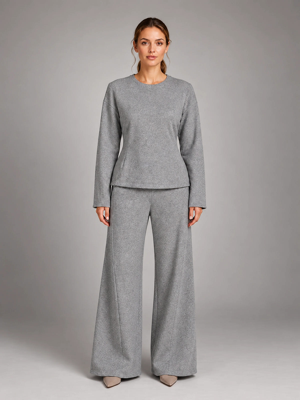 Women's Lounge Set – Fitted Top and Wide Leg Pants - Gray