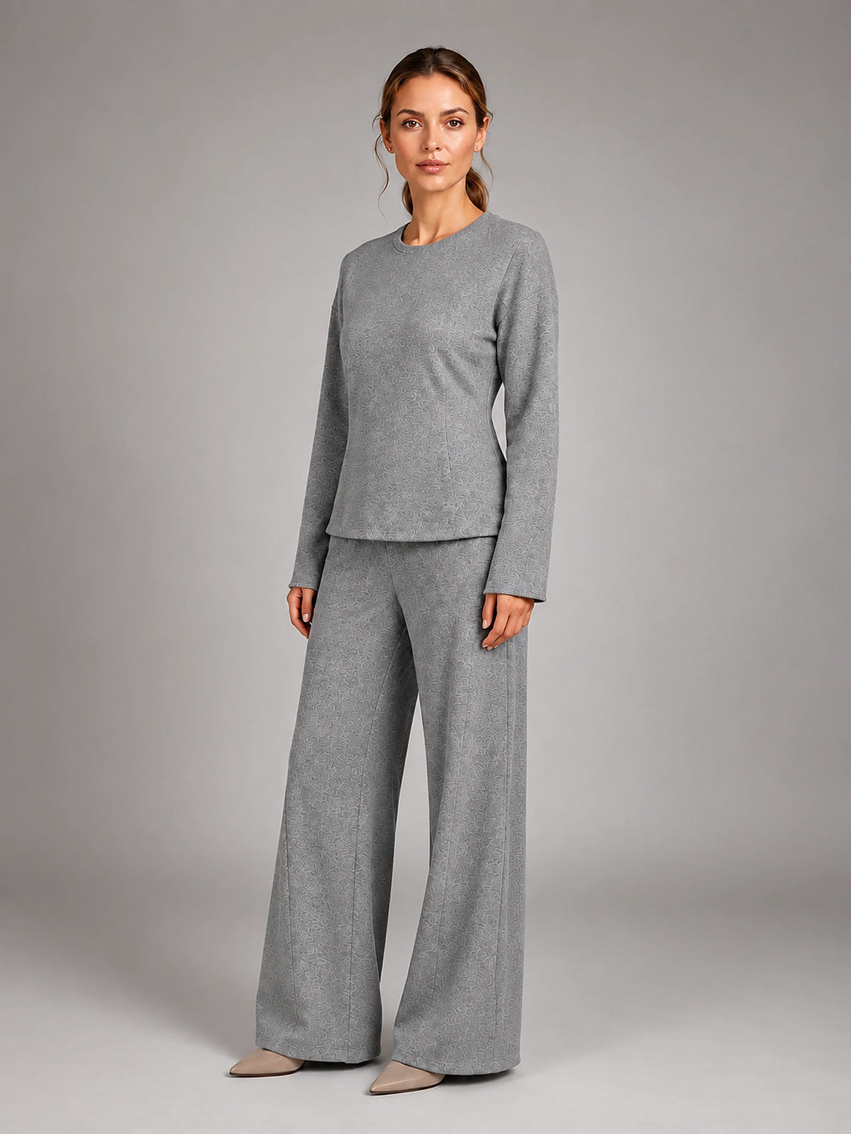 Women's Lounge Set – Fitted Top and Wide Leg Pants - Gray
