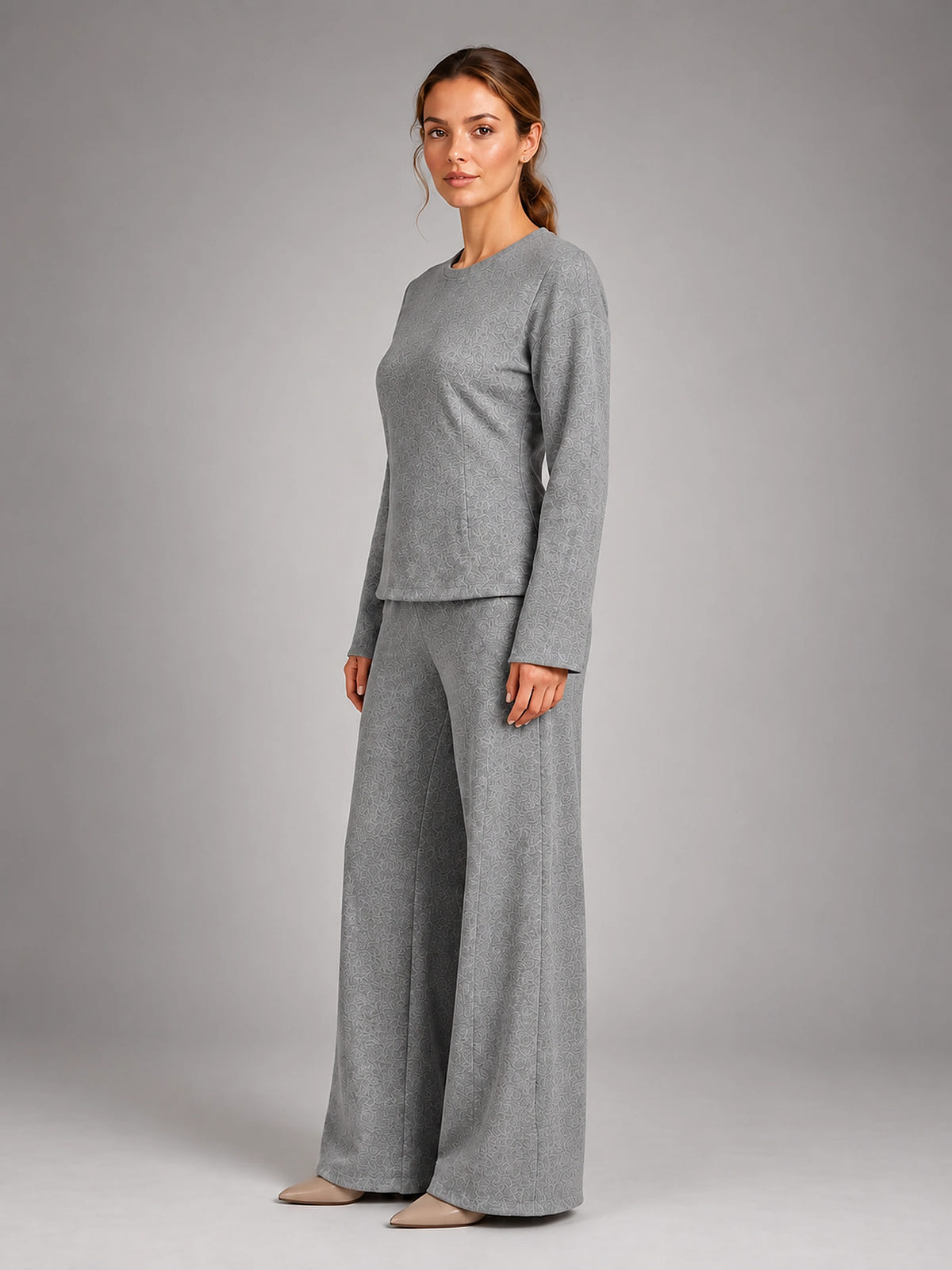 Women's Lounge Set – Fitted Top and Wide Leg Pants - Gray