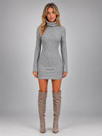 Women's Ribbed Mini Dress – Turtleneck Long Sleeve - Gray