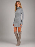 Women's Ribbed Mini Dress – Turtleneck Long Sleeve - Gray