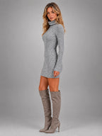 Women's Ribbed Mini Dress – Turtleneck Long Sleeve - Gray