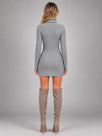 Women's Ribbed Mini Dress – Turtleneck Long Sleeve - Gray