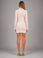 Women's Ribbed Mini Dress – Turtleneck Long Sleeve - Beige