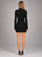 Women's Ribbed Mini Dress – Turtleneck Long Sleeve - Black