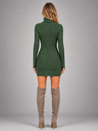 Women's Ribbed Mini Dress – Turtleneck Long Sleeve - Green