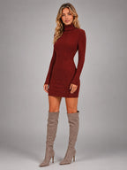 Women's Ribbed Mini Dress – Turtleneck Long Sleeve - Red