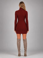 Women's Ribbed Mini Dress – Turtleneck Long Sleeve - Red