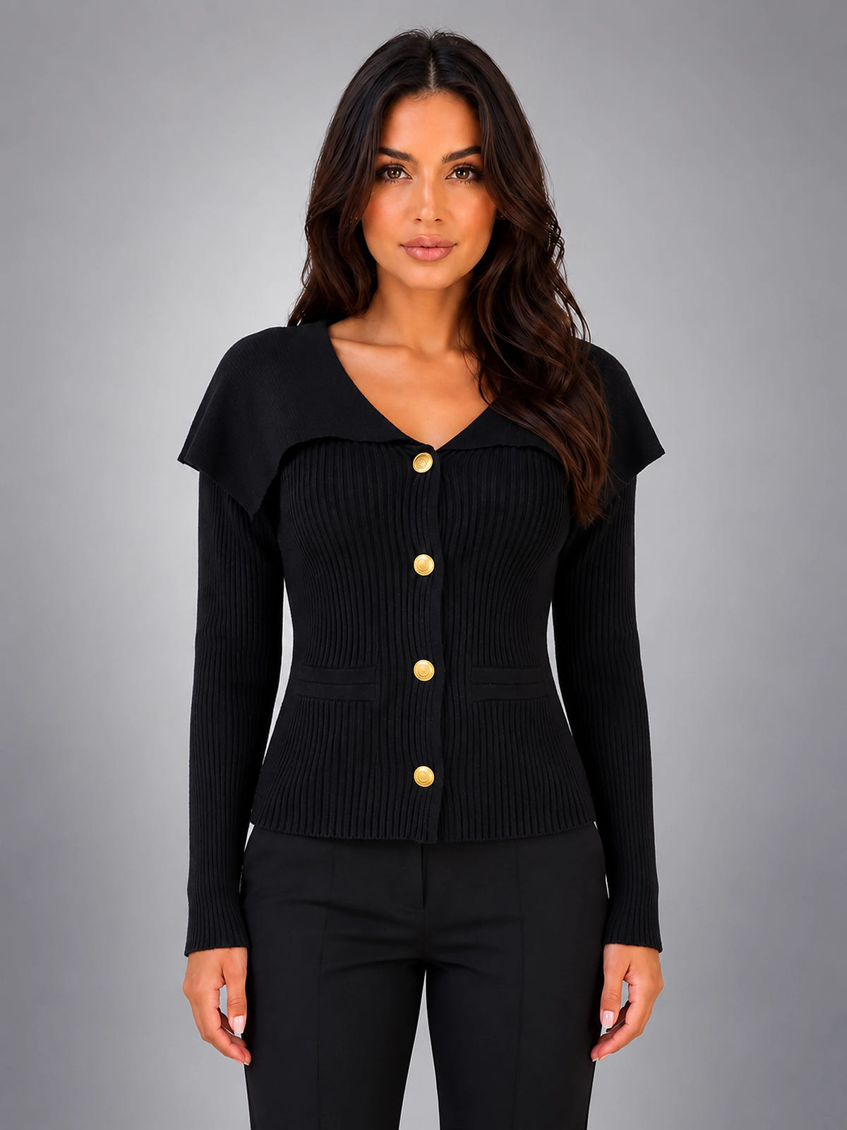 Women's Ribbed Knit Cardigan – Cape Shoulder Gold Tone Buttons - Black
