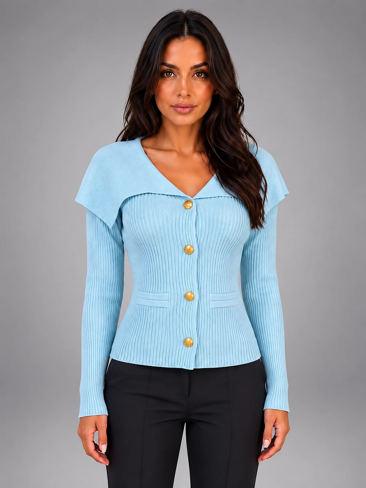 Women's Ribbed Knit Cardigan – Cape Shoulder Gold Tone Buttons - Light Blue