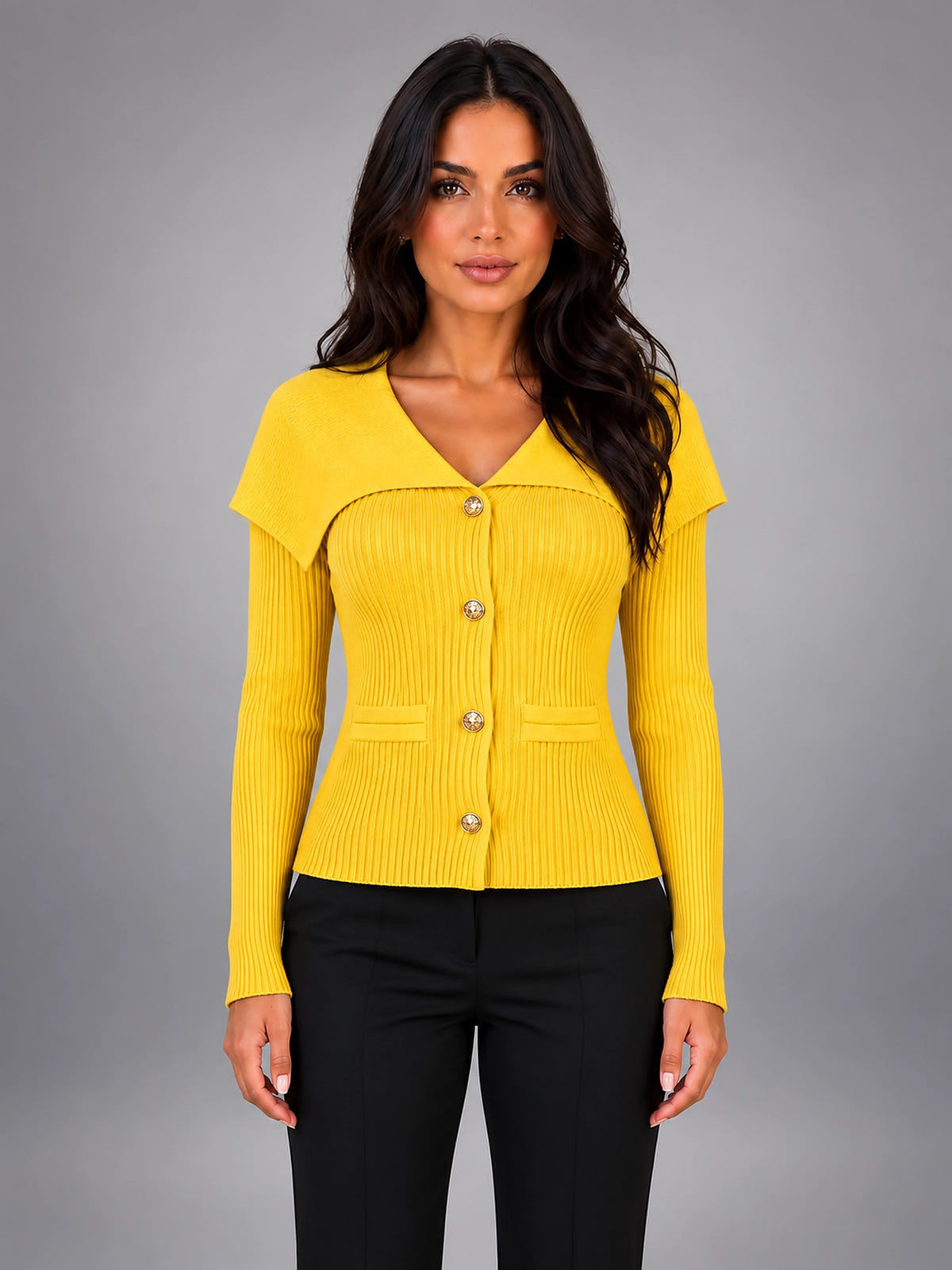 Women's Ribbed Knit Cardigan – Cape Shoulder Gold Tone Buttons - Yellow