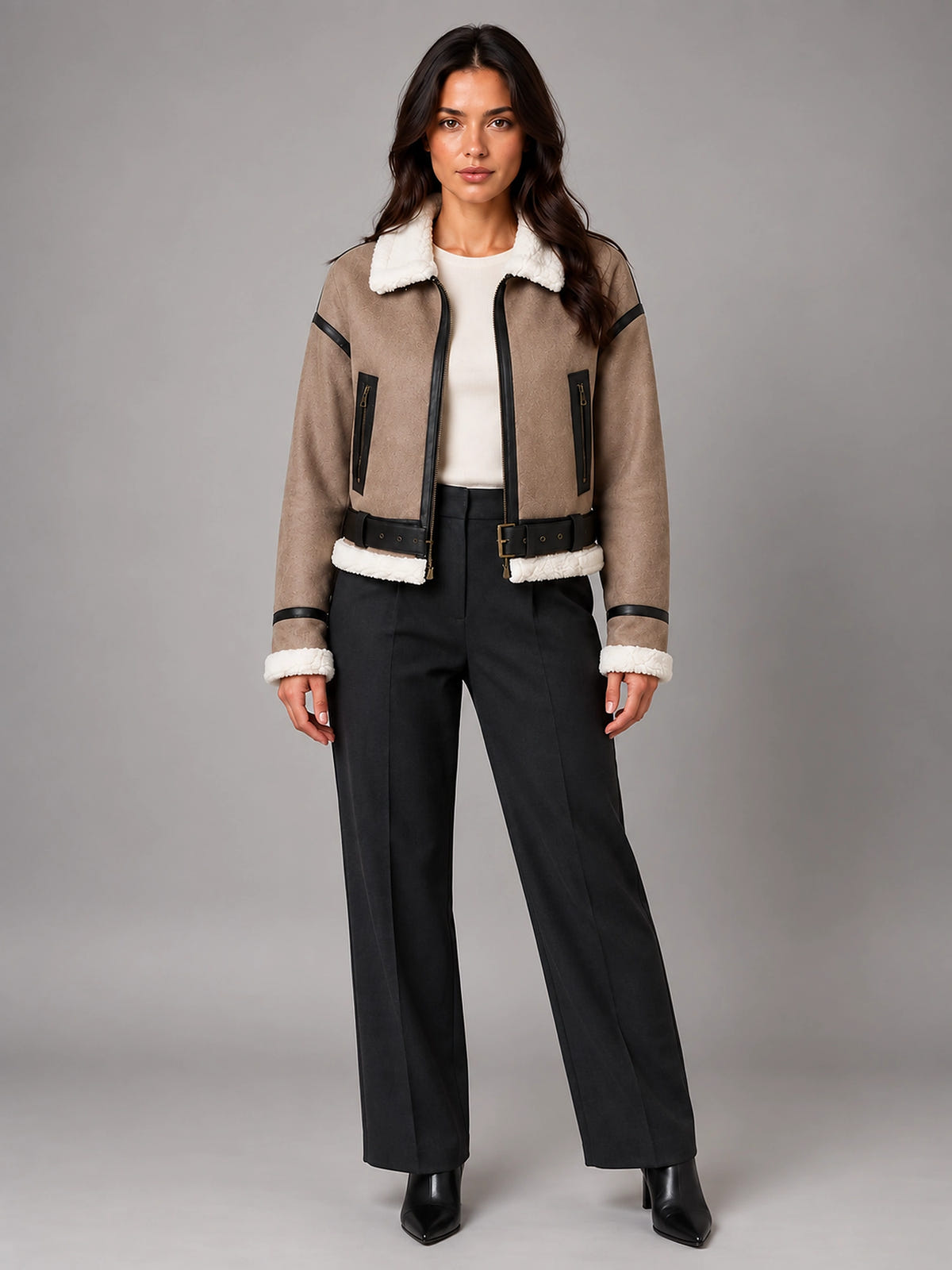 Women's Cropped Aviator Jacket – Faux Suede Teddy Lined - Khaki