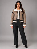 Women's Cropped Aviator Jacket – Faux Suede Teddy Lined - Khaki
